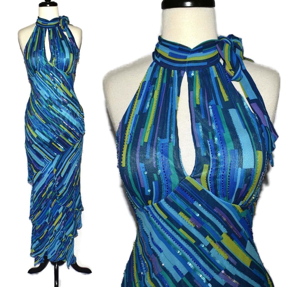 Sue Wong Nocturne Blue Silk Beaded Dress 4